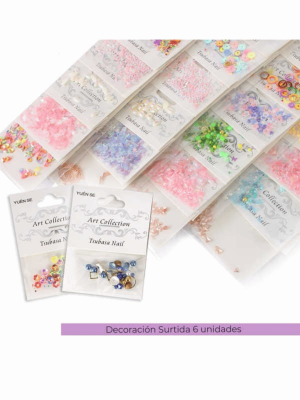 pack de decoración surtida para uñas YUÉN SE de 6 unidades. Incluye cristales, flores 3D y pedrería fina para un Nail Art profesional. ¡Suma brillo a tus manicuras hoy!